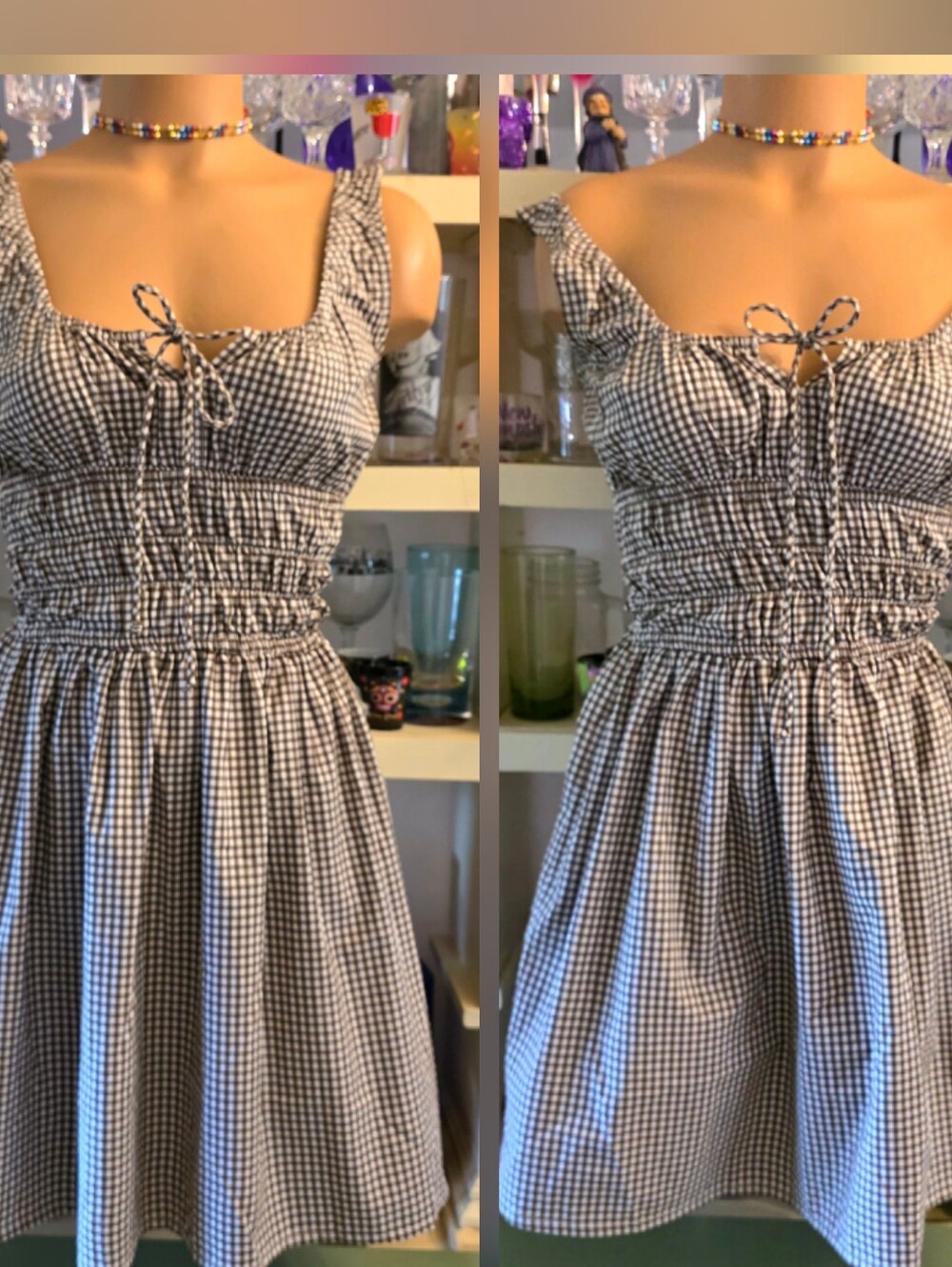 Sim & Sam Womens XS Summer Dress Brown White Gingham Smock Waist Sleeveless EUC